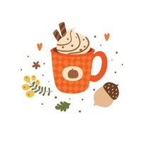 pompoen kruid latte hand- tekening geïsoleerd element. knus herfst heet drinken versierd vallen bladeren, BES, eikel- in schattig tekenfilm stijl. vallen seizoen groet vector illustratie.