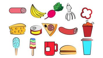 reeks van 15 pictogrammen van items van heerlijk voedsel en snacks voor een cafe bar restaurant Aan een wit achtergrond pizza, worst, groenten, kaas, klmar, ijs room, thee, koffie, hamburger vector