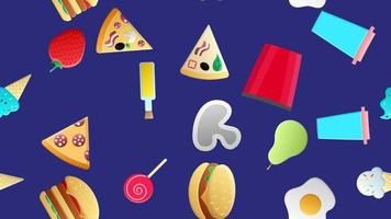 eindeloos blauw naadloos patroon van een reeks van pictogrammen van heerlijk voedsel en snacks items voor een restaurant bar cafe ijs room, hamburger, pizza, popcorn, drankje, Peer, aardbei. de achtergrond vector