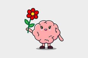 schattig tekenfilm hersenen karakter Holding rood bloem vector