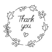 dank jij. hand- getrokken dankzegging tekst in ronde kader gemaakt van herfst planten en harten vormen. lijn vector