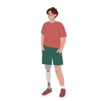Mens met been prothese staan. gehandicapt persoon zonder been. ledemaat amputatie, vlak vector illustratie.