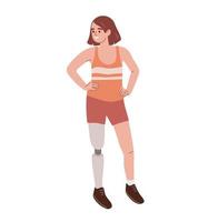 jong vrouw met been prothese staan. gehandicapt persoon zonder been. ledemaat amputatie. vlak vector illustratie.