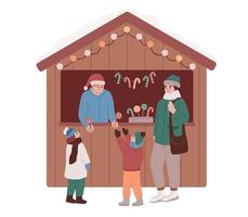 Kerstmis markt kraam. Kerstmis eerlijk kiosk met lolly en snoepgoed. vrouw buying lolly voor kinderen. winter marktplaats. houten stand geschenk winkel met goederen en souvenirs. vector