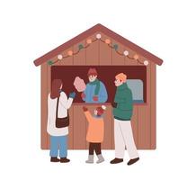 Kerstmis markt kraam. Kerstmis eerlijk kiosk met katoen snoep. familie buying katoen floss voor een kind. winter marktplaats. houten stand kern winkel met goederen en souvenirs. vector