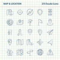 kaart en plaats 25 tekening pictogrammen hand- getrokken bedrijf icoon reeks vector