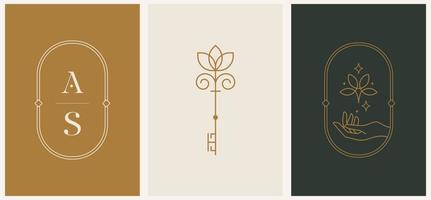 lineair minimaal stijl logos reeks sjabloon met mooi esoterisch Dames hand, monogram en sleutel. haar- salon, schoonheid winkel, biologisch cosmetica, spa. vector