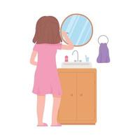 dagelijkse routine scène, meisje haar tanden poetsen in de badkamer vector