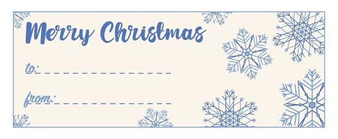 knus hygge Kerstmis groet kaart, geschenk label, insigne, label. ruimte voor tekst van en naar . teken voor een geschenk doos met sneeuwvlokken. vrolijk Kerstmis winter kaart vector