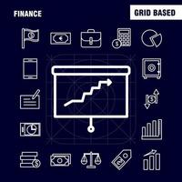 financiën lijn pictogrammen reeks voor infographics mobiel uxui uitrusting en afdrukken ontwerp omvatten taart tabel diagram bedrijf presentatie klok rinkelen ring verzameling modern infographic logo en pictogram vector