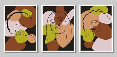 een meisje in de tropen. een reeks van drie schilderijen. abstract portret van een jong vrouw in een minimalistische stijl. tekening lijnen. mooi Afrikaanse vrouw. muur kunst in de stijl van knal kunst. vector