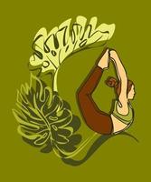 Internationale yoga dag vector. meditatie praktijk yoga kleurrijk geschiktheid concept. een meisje in een boog houding, mediteert Aan reusachtig monstera bladeren vector