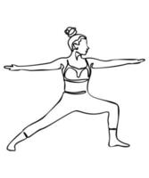 doorlopend lijn tekening. vrouw aan het doen oefening in yoga houding. krijger houding. vector geïsoleerd illustratie Aan wit achtergrond. Internationale yoga dag concept. yoga logo