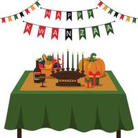 gelukkig kwanzaa. een feestelijk tafel met een geweven mat, eenheid beker, kinara, cadeaus en een fruit mand. vieren de Afrikaanse Amerikaans vakantie van kwanzaa. tekenfilm vector illustratie Aan een wit achtergrond