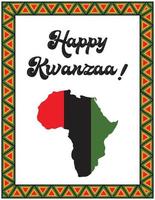gelukkig kwanzaa. groet kaart met silhouet van kaart van Afrika in traditioneel kwanzaa kleuren. kader met Afrikaanse driehoek patronen. kleur vector illustratie Aan wit
