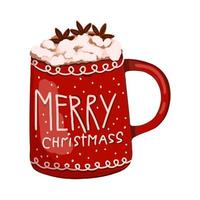 rood keramisch kop met de opschrift vrolijk kerstmis. sneeuwvlokken. heet winter drinken met room en marshmallows.winter hygge stijl vector