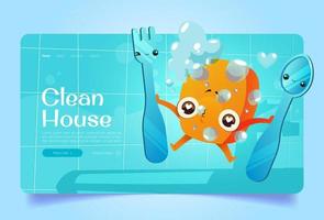 schoon huis tekenfilm landen bladzijde, schoonmaak spons vector