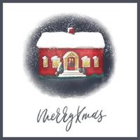 waterverf knus Kerstmis kaart met huis, licht lamp decoratie met sneeuw vallend Aan waterverf papier achtergrond. vector vrolijk Kerstmis groet kaart van boerderij huis en kalligrafie.