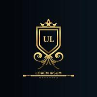 ul brief eerste met Koninklijk sjabloon.elegant met kroon logo vector, creatief belettering logo vector illustratie.