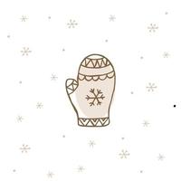 een handgetekende winterkleding. vectorillustratie in doodle stijl. winterse stemming. hallo 2023. prettige kerstdagen en gelukkig nieuwjaar. bruine wanten met ornament op een witte achtergrond met sneeuwvlokken. vector