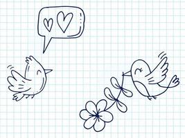 reeks van schattig hand getekend tekening elementen over liefde. bericht stickers voor apps. pictogrammen voor valentijnsdag dag, romantisch evenementen en bruiloft. geruit notebook. vogel zingt liefde lied en haar minnaar met bloem. vector