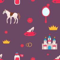 weinig prinses naadloos patroon. helder roze, grijs, room kleuren. illustratie van kronen en weinig harten. kasteel voor prinses fee verhaal, paard, spiegel vector