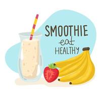 sjabloon met hand- getrokken pot met smoothie in helder kleuren kleurrijk reeks van smoothies. superfoods en Gezondheid of ontgiften eetpatroon voedsel concept hand- tekening stijl. tekenfilm bananen vector