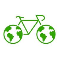 fiets met wielen in planeet aarde vorm silhouet icoon. eco vriendelijk vervoer pictogram. groen energie fiets, opslaan wereldbol milieu symbool. ecologie vervoer. geïsoleerd vector illustratie.
