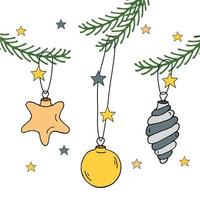 Kerstmis ballen spiraal, sterren, boom brunch. groente, geel, grijs, beige. vector illustratie.