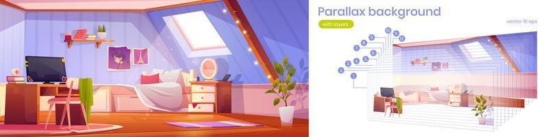 parallax achtergrond meisje slaapkamer interieur Aan zolder vector