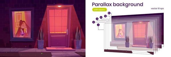 parallax achtergrond met ongelukkig meisje door venster vector