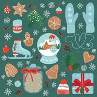 Kerstmis stickers vector set. vector reeks van Kerstmis elementen, sneeuw bal met huis, gember koekjes, wanten, ijs schaatsen, geschenk doos en maretak