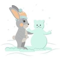 een konijn in een hoed maakt een schattig sneeuwman vector