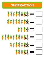 aftrekken. wiskunde werkblad voor kinderen. ontwikkelen rekenvaardigheid vaardigheden. oplossen voorbeelden en schrijven. wiskunde. vector illustratie.educatief wiskunde kinderen spel. aftrekken voor kinderen.