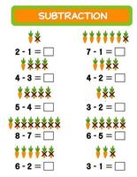 aftrekken. wiskunde werkblad voor kinderen. ontwikkelen rekenvaardigheid vaardigheden. oplossen voorbeelden en schrijven. wiskunde. vector illustratie.educatief wiskunde kinderen spel. aftrekken voor kinderen.