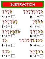 aftrekken. wiskunde werkblad voor kinderen. ontwikkelen rekenvaardigheid vaardigheden. oplossen voorbeelden en schrijven. wiskunde. vector illustratie.educatief wiskunde kinderen spel. aftrekken voor kinderen