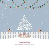 Kerstmis groet kaart met schattig vogels, hangend lichten, kerstmis boom en geschenk dozen Aan winter landschap vector