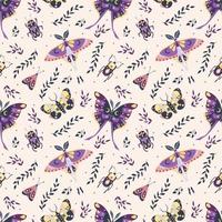 vlinders, motten, kevers en bladeren. naadloos patroon. vector illustratie