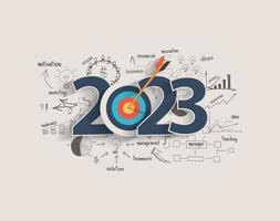 2023 nieuw jaar doelwit publiek concept, creatief denken tekening grafieken en grafieken bedrijf succes strategie plan idee Aan doelwit pijl met pijl, vector illustratie modern lay-out sjabloon