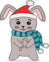 schattig Kerstmis konijn met lolly snoep. grappig Kerstmis karakter voor ontwerp, afdrukken, ansichtkaarten, affiches. vlak tekenfilm vector illustratie Aan een wit achtergrond.de symbool van de Chinese nieuw jaar