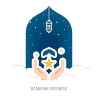 ramadan kareem islamitisch ontwerp wassende maan en moskeekoepel silhouet met arabisch patroon en kalligrafie vector