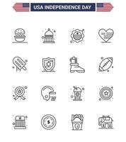 16 Verenigde Staten van Amerika lijn tekens onafhankelijkheid dag viering symbolen van room vlag land Amerikaans hart bewerkbare Verenigde Staten van Amerika dag vector ontwerp elementen
