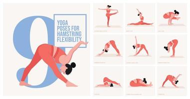 yoga poses voor hamstring flexibiliteit. jong vrouw beoefenen yoga houding. vrouw training fitheid, aëroob en opdrachten. vector illustratie.