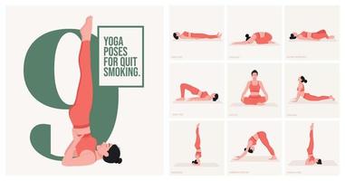 yoga poses voor stoppen roken. jong vrouw beoefenen yoga houding. vrouw training fitheid, aëroob en opdrachten. vector illustratie.