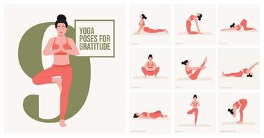 yoga poses voor dankbaarheid. jong vrouw beoefenen yoga houding. vrouw training fitheid, aëroob en opdrachten. vector illustratie.