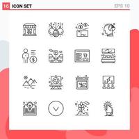 universeel icoon symbolen groep van 16 modern contouren van bedrijf menselijk geld hoofd analyse bewerkbare vector ontwerp elementen