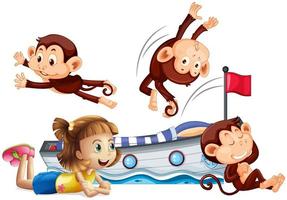 meisje en gelukkige apen die op het bed springen vector
