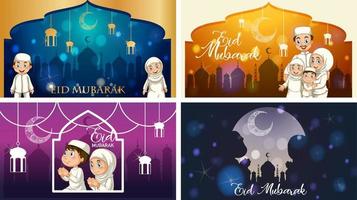 vier achtergrondontwerpen voor moslimfestival eid mubarak vector