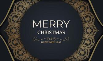 vrolijk Kerstmis en gelukkig nieuw jaar groet brochure sjabloon in donker blauw kleur met winter goud ornament vector