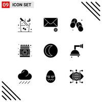 9 solide glyph concept voor websites mobiel en apps nacht maan slippers potlood kleurpotloden bewerkbare vector ontwerp elementen